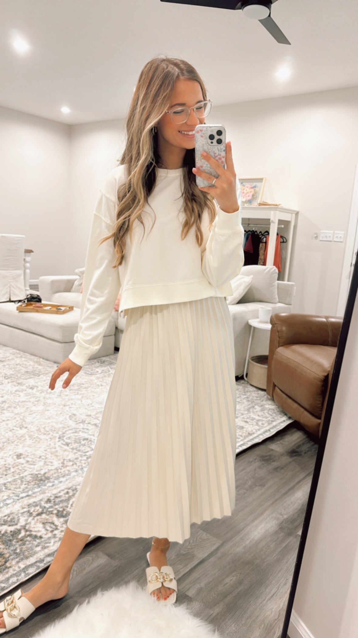 Cream Pleated Midi Skirt Pips and Company